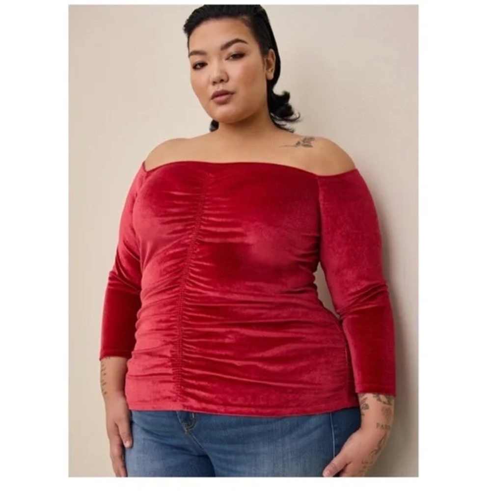 Torrid Red Stretch Velvet Shirred Front Off The Shoulder 3/4 Sleeve Blouse Top